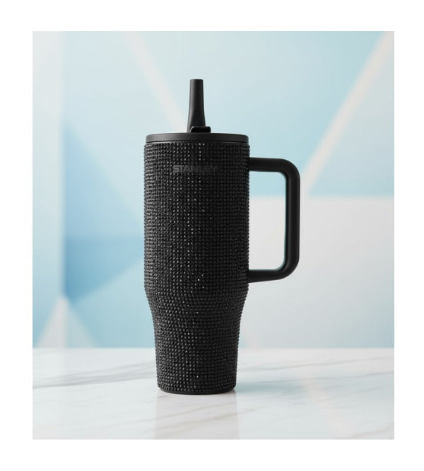 Stone Studded 40 oz Black Stanley-Style Tumbler – Premium Stainless Steel Insulated Water Cup