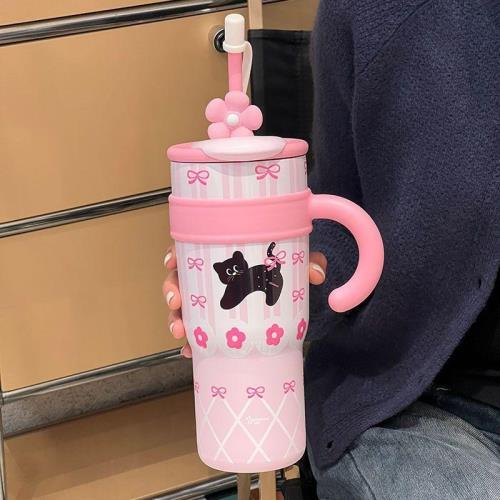 Kawaii Pink Cat Insulated Tumbler with Handle, Straw & Flower Stopper – 1200ml Stainless Steel Double-Wall Bottle (OS-8430)