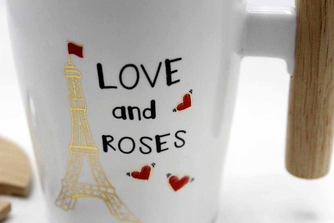 Love and Roses Ceramic Mug with Lid and Spoon (ST243)