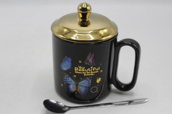 Butterfly Ceramic Black Mug with Golden Lid and Spoon (3969)