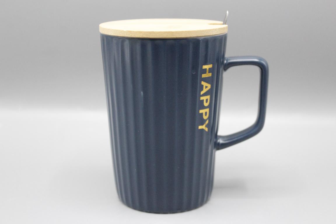 Happy V Shaped Ceramic Mug With Wooden Lid and Stainless Steel Spoon Blue (G--3)