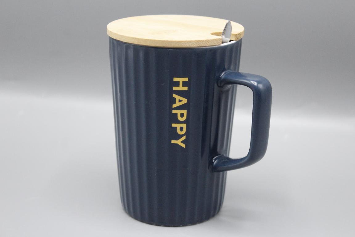 Happy V Shaped Ceramic Mug With Wooden Lid and Stainless Steel Spoon Blue (G--3)