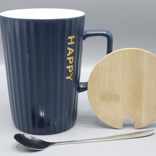 Load image into Gallery viewer, Happy V Shaped Ceramic Mug With Wooden Lid and Stainless Steel Spoon Blue (G--3)
