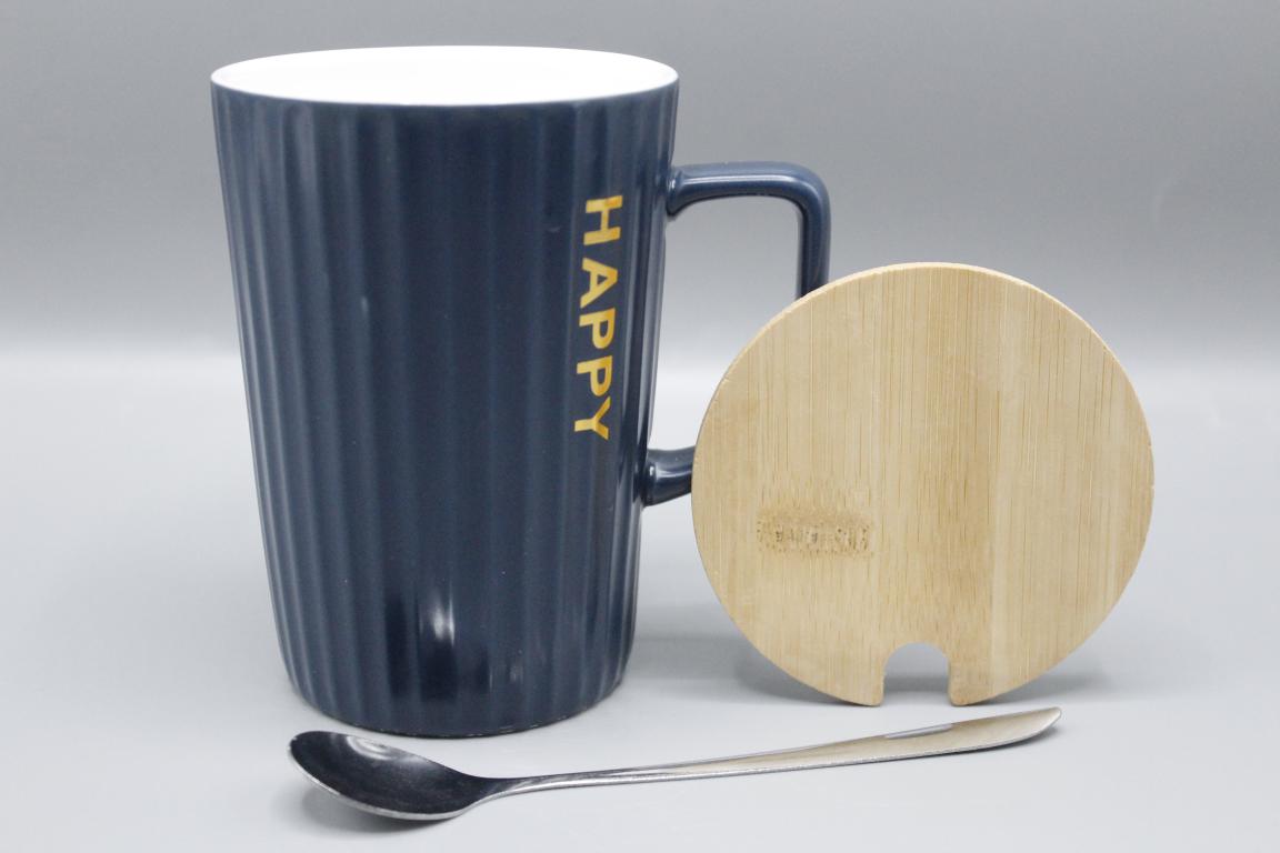 Happy V Shaped Ceramic Mug With Wooden Lid and Stainless Steel Spoon Blue (G--3)