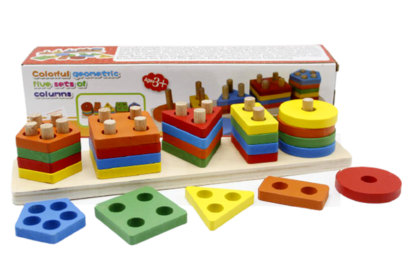 Wooden Colorful Five Set Columns, Geometric Puzzle Plate (KC2509)