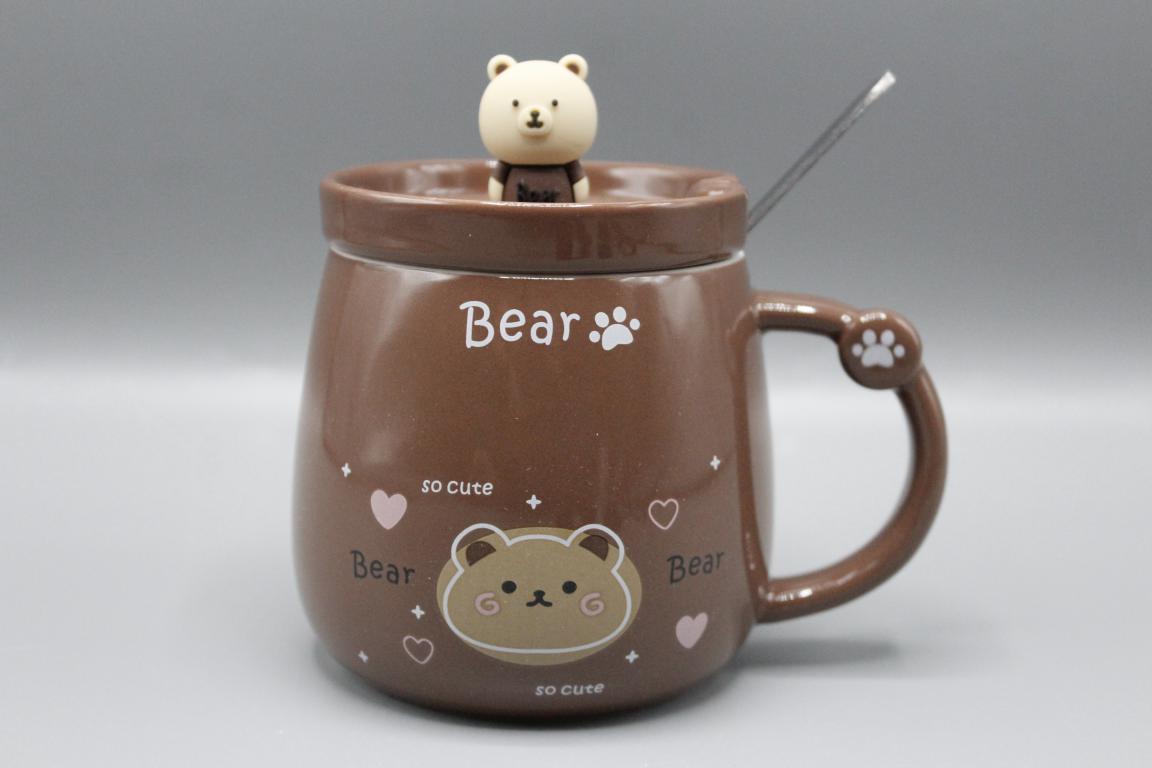 Teddy Bear Ceramic Mug With Lid & Stainless Steel Spoon (G-28B)